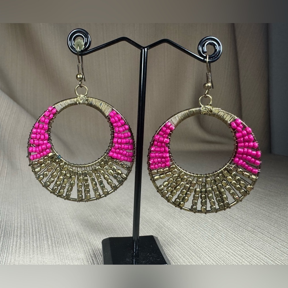 Vintage Beaded Hoop Earrings with Pink and Gold Accents